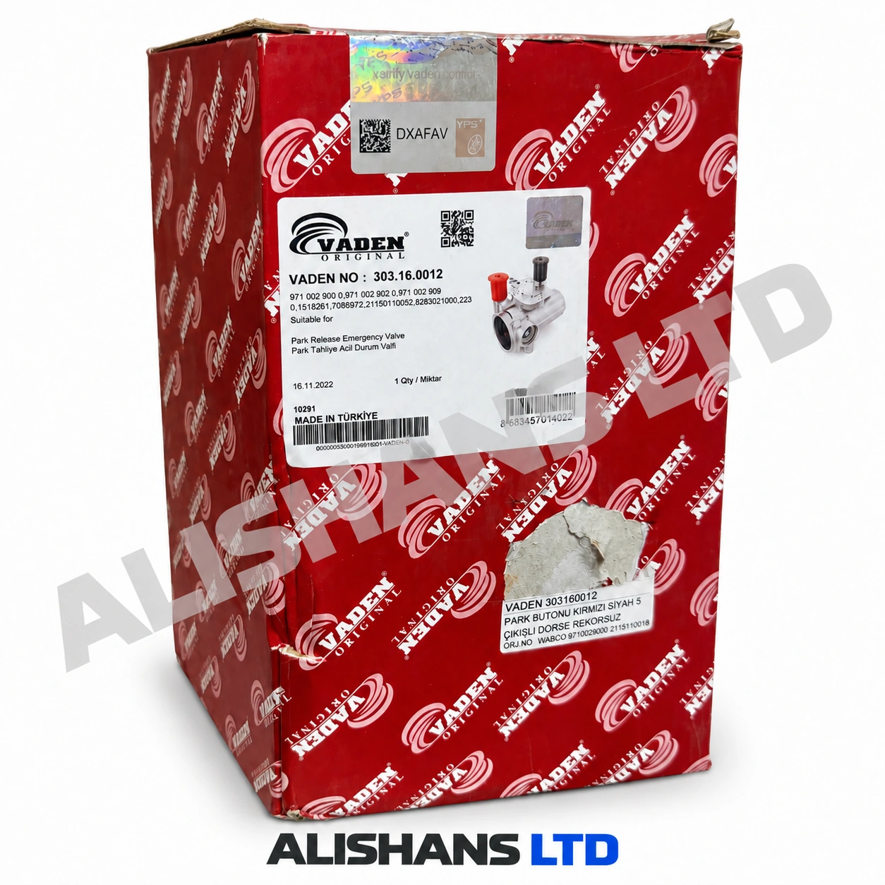 Labelled VADEN 303.16.0012 park release emergency valve box with ALISHANS LTD watermark