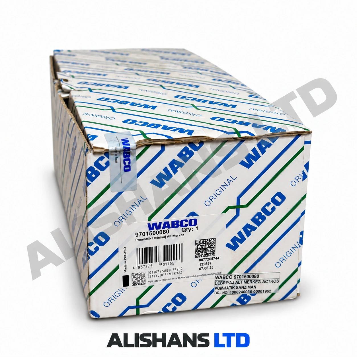 WABCO 9701500080 pnömatik debriyaj aktüatörünün etiketli kutusu, ALISHANS LTD filigranlı